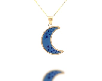 Hand-Painted Crescent Moon Pendant - 14k Solid Gold