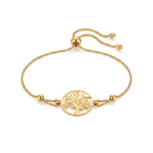 Tree of Life Circle Bracelet, 10k Solid Yellow Gold, Pull to Adjust Wheat Chain, Dainty Nature Bracelet, Minimalist Gold Jewelry, Birthday