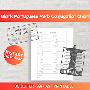 Blank Portuguese Verb Conjugation Chart | Printable | Instant Download