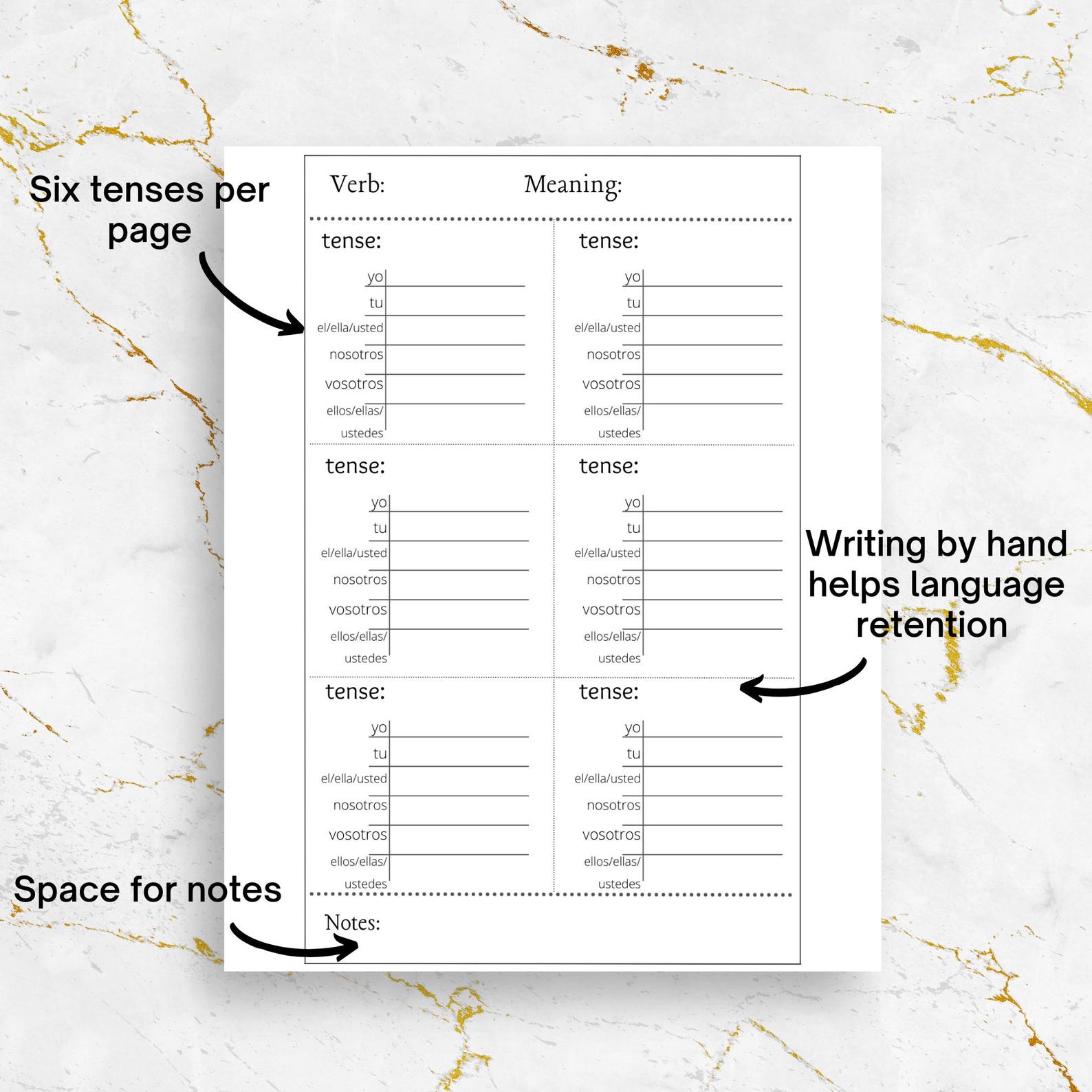 Blank Spanish Verb Conjugation Chart Printable Instant Download Etsy