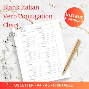 Blank Italian Verb Conjugation Chart | Printable | Instant Download