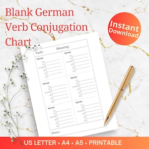 Blank German Verb Conjugation Chart | Printable | Instant Download