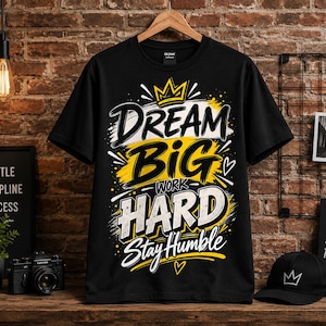 Peut inclure: Un t-shirt noir à manches courtes avec une impression graphique portant le texte "DREAM BIG WORK HARD Stay Humble" en lettres blanches et jaunes, agrémenté d'une icône de couronne, de cœurs et d'effets d'éclaboussures de peinture jaune.