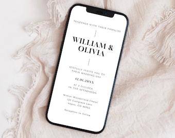 Plantilla de invitación de boda móvil, elegante invitación de boda digital minimalista en blanco y negro, invitación editable moderna, etérea