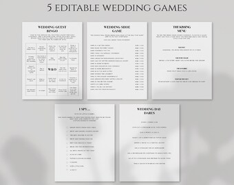 Può includere: Cinque giochi di nozze stampabili su carta bianca, tra cui Bingo, Gioco delle scarpe, Menu dei baci, I Spy e Sfide del giorno del matrimonio. Il testo include le istruzioni del gioco e le richieste per gli ospiti. Il testo "5 EDITABLE WEDDING GAMES" è in alto.