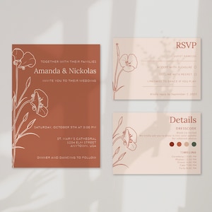 Fall Wedding Invitation Suite, Boho Floral Terracotta Wedding Invitation, RSVP and Details card, Rustic Wedding, Autumn Garden Invite