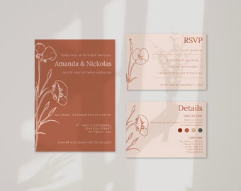 Fall Wedding Invitation Suite, Boho Floral Terracotta Wedding Invitation, RSVP and Details card, Rustic Wedding, Autumn Garden Invite