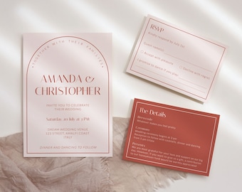 Wedding Invitation Template Suite, Terracotta Colorful Arch Wedding Invite + Details + RSVP Cards Template, Minimalist Wedding, WB02