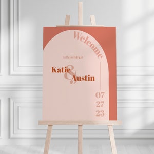 Plantilla de boda con signo de bienvenida de arco colorido de terracota