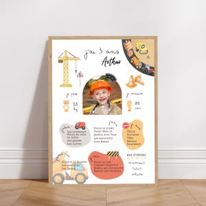 Affiche anniversaire ou baptême personnalisée - Thème Chantier / Engins de chantier
