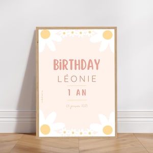 Affiche bienvenue anniversaire ou baptême personnalisée - Thème Marguerites version rose