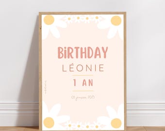 Cartel personalizado de bienvenida para cumpleaños o bautismo - Tema Margaritas versión rosa