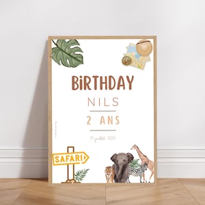 Pôster personalizado de boas-vindas para aniversário ou batismo - tema Safari