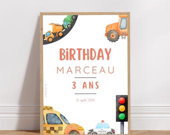 Cartel personalizado de bienvenida de cumpleaños o bautismo - Tema Vehículos / Coches