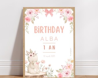 Personalized birthday or baptism welcome poster - Floral Rabbit theme