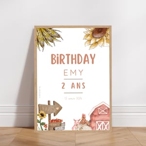 Affiche bienvenue anniversaire ou baptême personnalisée - Thème Ferme Girly