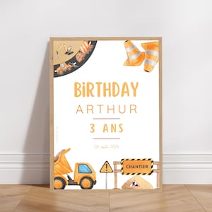 Personalized birthday or baptism welcome poster - Construction site / Construction machinery theme