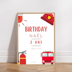 Affiche bienvenue anniversaire ou baptême personnalisée - Thème Pompiers