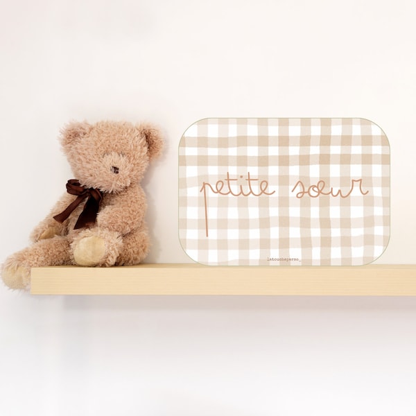 Carte décorative personnalisée - Petite fille, Petite sœur, Petit garçon, Petit frère - Motif vichy beige