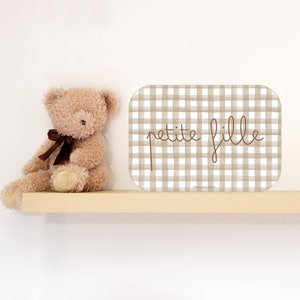 Carte décorative personnalisée - Petite fille, Petite sœur, Petit garçon, Petit frère - Motif vichy marron