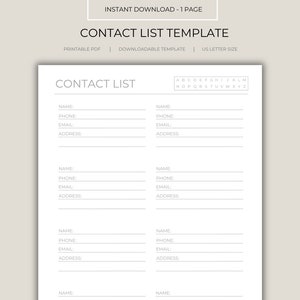 Contact List Printable Address Book Template Contact and Address Planner Contact Organization Template Letter Size Template Contact Log PDF