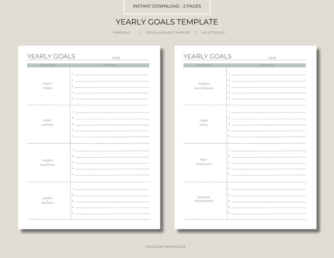Printable Yearly Goal Template - Etsy