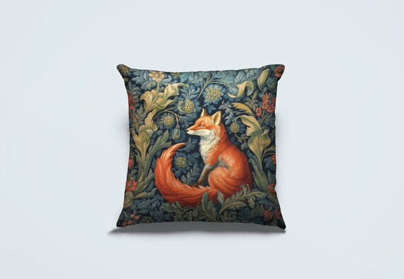 Whimsical Fox Pillow William Morris-inspired Floral Forest Design Cushion  Retro Charm Throw Pillow High-quality Home Decor INSERT INCLUDED 