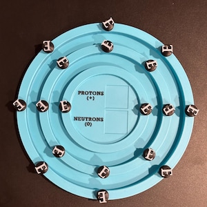 May include: A blue circular board with concentric rings and white letters 'E' on black circles around the board. The board has a white label that reads 'PROTONS (+) NEUTRONS (0)'