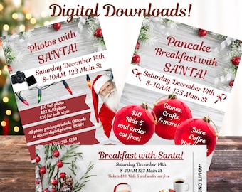 Może przedstawiać: Trzy cyfrowe szablony na wydarzenia świąteczne z Mikołajem, czerwonymi bombkami i gałązkami sosny. Tekst zawiera Photos with SANTA, Pancake Breakfast with SANTA oraz Breakfast with Santa, wraz ze szczegółami wydarzenia, takimi jak sobota 14 grudnia.