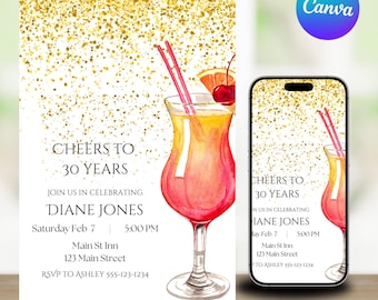 Cocktail Retirement Invitation Printable Template, Fiesta Retirement Evite Digital Download, 5x7 Cocktail Invite, Editable Invite Template