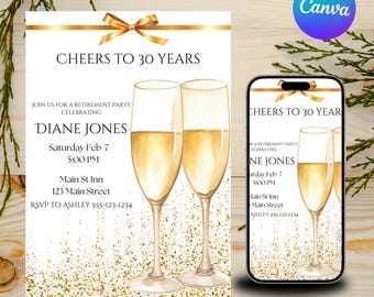 Gold Champagne Retirement Invitation Template, Editable Wine Retirement Party Invite Template, 30th 40th 50th, 5x7 Digital Download Evite