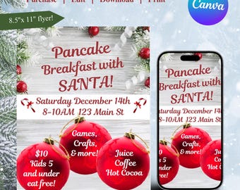 Pannkaksfrukost med tomten, Frukost med tomten-flyer, digital redigerbar nedladdning, Frukost med tomten, Inbjudan till julbrunch-flyer