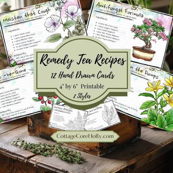 Handcrafted Remedy Tea Recipe Cards - Watercolor Green Witch Apothecary CottageCore - Digital Download Printable Wellness Herbal Tea Recipes