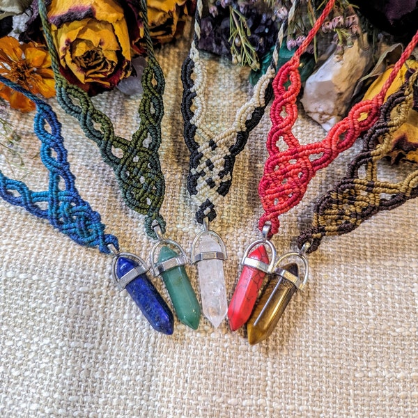 Natural Stone Macrame Necklace | Boho Style | Hippie Jewelry | Chakra Healing Crystal | Tribal Bohemian | Malachite Amethyst Jasper Quartz +