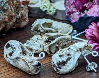 Aged Ferret Skull Earrings: 950 Sterling Silver, Vegan Goth Jewelry