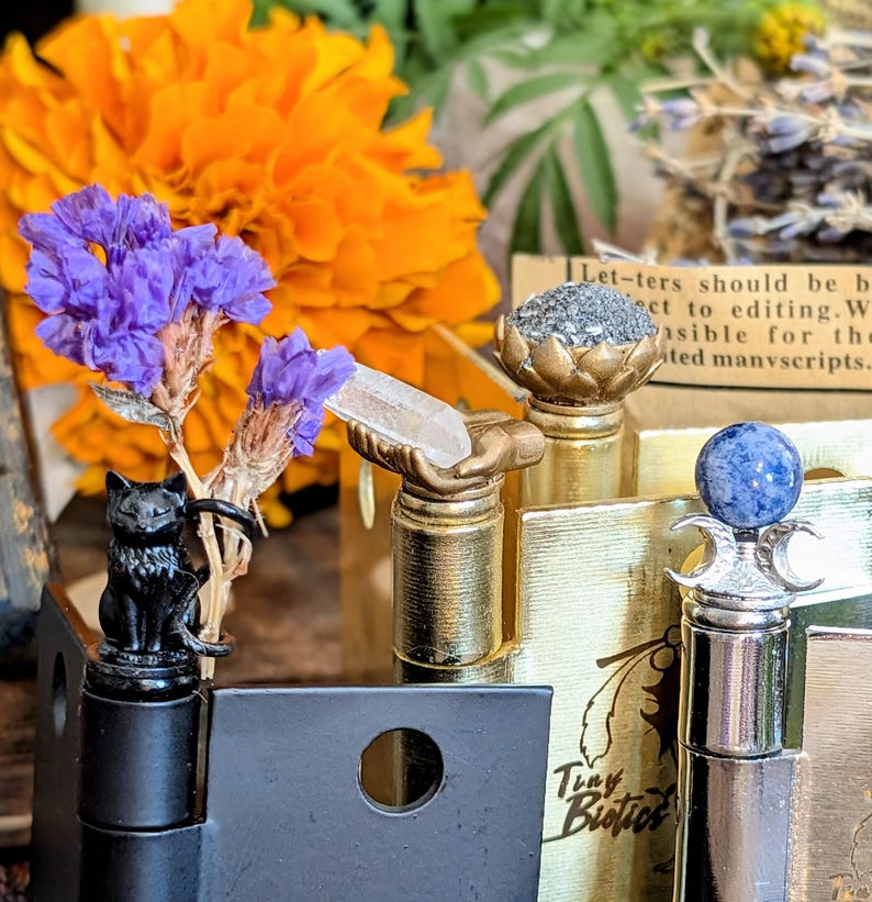 Whimsical witch altar decor on door hinges, each piece cradling a sacred botanical or crystal with a soft magical background