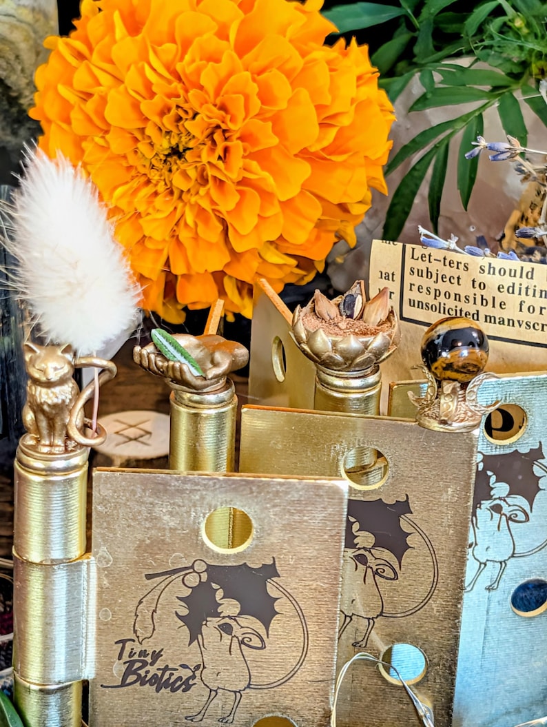 Cottagecore witch door hinge decorations with wheat, rosemary, cinnamon, and tiger eye altar tools for spiritual manifestation home decor