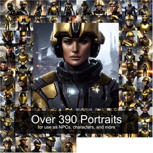 May include: A collage of over 390 portraits of people wearing futuristic armor and helmets. The portraits are in a grid pattern and feature a variety of poses and expressions. The text "Over 390 Portraits" and "for use as NPCs, characters, and more" is at the bottom of the image.