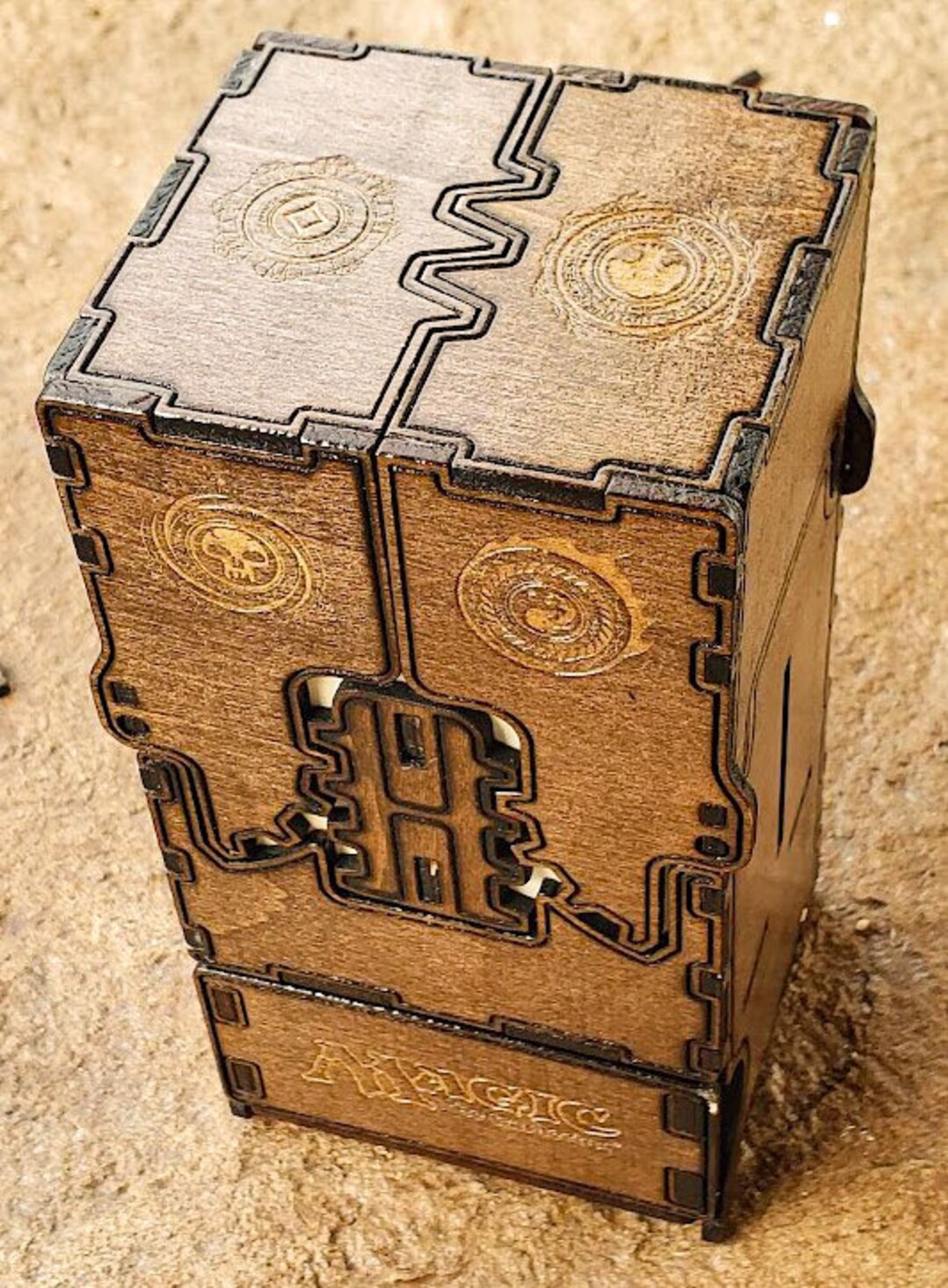 Basswood MTG Travel Box With Gear Mechanism Wooden Magic the Gathering Travel Case Fits a Full