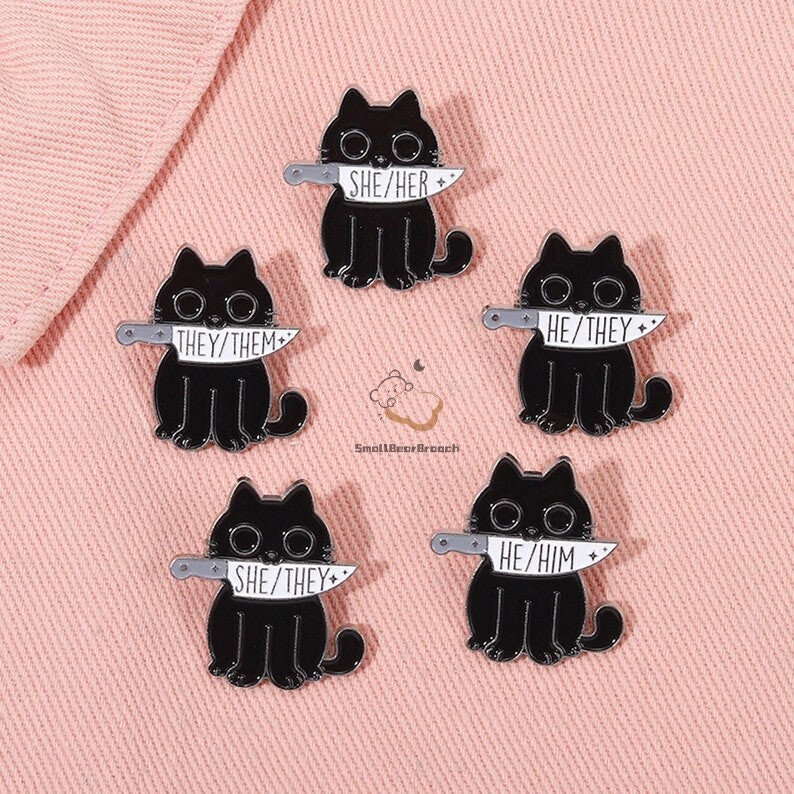 Black Cat With Knife Enamel Pin Pronoun Metal Pin Badge Etsy