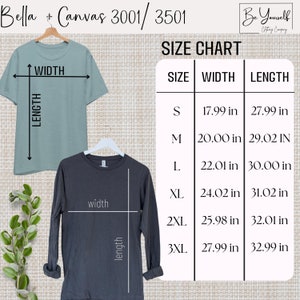 K&ouml;nnte beinhalten: Bild von zwei T-Shirts, eines kurz&auml;rmelig und eines lang&auml;rmelig, mit einer Gr&ouml;&szlig;entabelle. Die Tabelle zeigt die Ma&szlig;e in Zoll f&uuml;r Breite und L&auml;nge, von Gr&ouml;&szlig;e S bis 3XL. Die Marke ist Bella + Canvas.