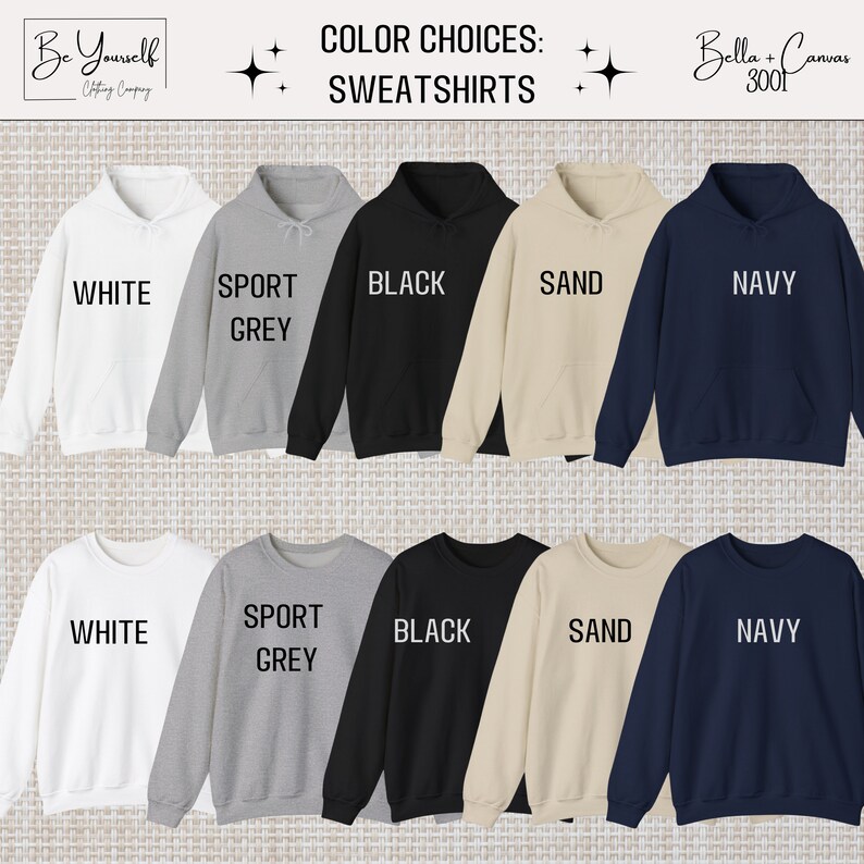 K&ouml;nnte beinhalten: Eine Auswahl an Sweatshirts in verschiedenen Farben, darunter Wei&szlig;, Sportgrau, Schwarz, Sand und Marineblau. Das Bild zeigt die Sweatshirts mit den Farbbezeichnungen darunter. Der Text "Color Choices: Sweatshirts" steht oben.