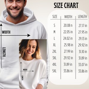 K&ouml;nnte beinhalten: Ein wei&szlig;er Kapuzenpullover und ein Sweatshirt werden mit einer Gr&ouml;&szlig;entabelle gezeigt. Die Tabelle zeigt die Ma&szlig;e in Zoll f&uuml;r Breite und L&auml;nge, von Gr&ouml;&szlig;e S bis 5XL. Das Bild zeigt einen l&auml;chelnden Mann und eine Frau.