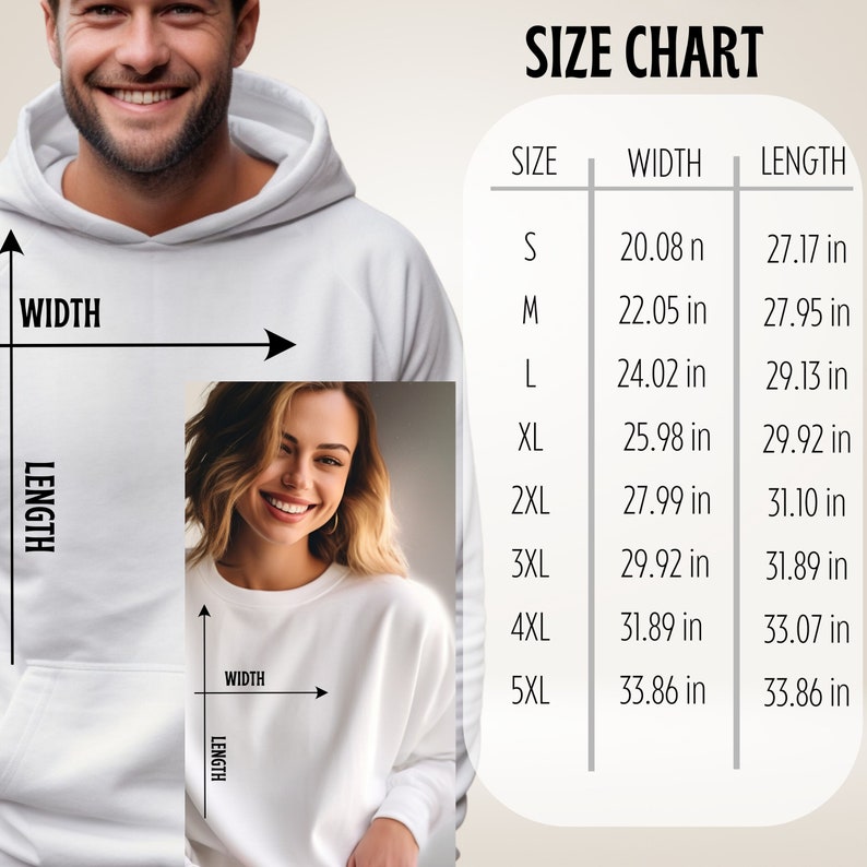 K&ouml;nnte beinhalten: Ein wei&szlig;er Kapuzenpullover und ein Sweatshirt werden mit einer Gr&ouml;&szlig;entabelle gezeigt. Die Tabelle zeigt die Ma&szlig;e in Zoll f&uuml;r Breite und L&auml;nge, von Gr&ouml;&szlig;e S bis 5XL. Das Bild zeigt einen l&auml;chelnden Mann und eine Frau.