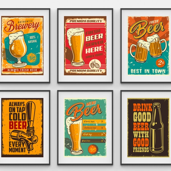 Vintage Bier Poster Set, 7 Digitaldrucke, Bier Poster, klassische Bier Poster Drucke, Download Bier Poster, Bar Foto Geschenke, Bar Poster Set
