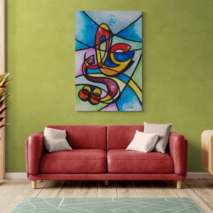 Impresión de alta calidad de caligrafía Ali, moderno, colorido, árabe, producción limitada, lienzo estirado enmarcado por el artista marroquí Bosouf