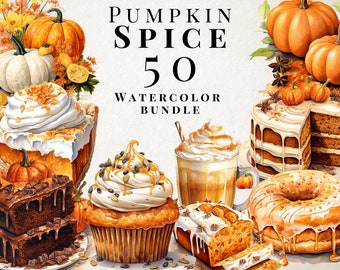 Pumpkin Spice Watercolor Clipart Bundle - 50 Dessert PNGs, Cozy Fall Clip Art Collection for Junkjournal, Scrapbooking, Invitations, DIY