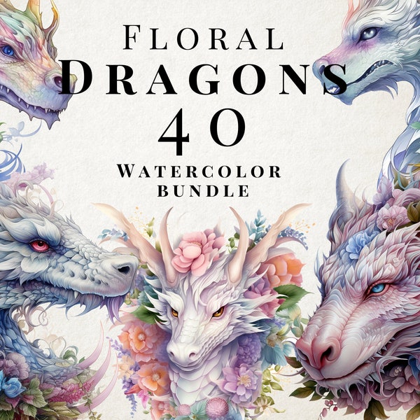 Floral Dragons Watercolor Clipart Bundle - 40 Dragon PNGs, Dragons Clip Art Collection for Decor, Junkjournal, Scrapbooking, Invitations