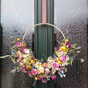 Dried flower wreath &quot;colorful blossom meadow&quot; door wreath wall wreath with velvet bow Homedeco