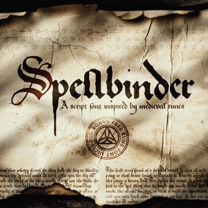 Puede incluir: Imagen de estilo pergamino con la palabra "Spellbinder" en fuente gótica. Debajo, se lee "A script font inspired by medieval times". También hay un sello circular con runas.